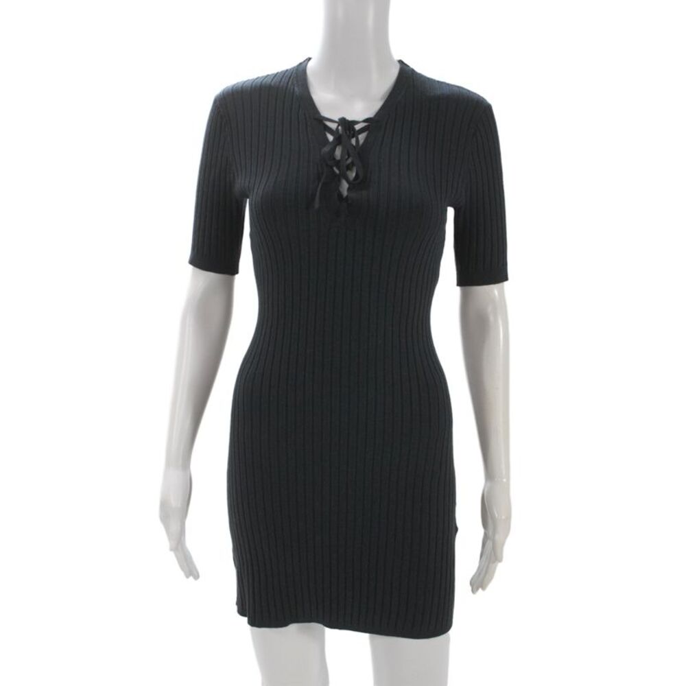 Doen Women Bodycon Sweater Dress Black V-Neck Short Sleeve Lace Up Size S